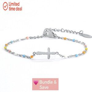 14K Gold Plated Cross Beaded Bracelet Adjustable Stainless Steel Link Chain